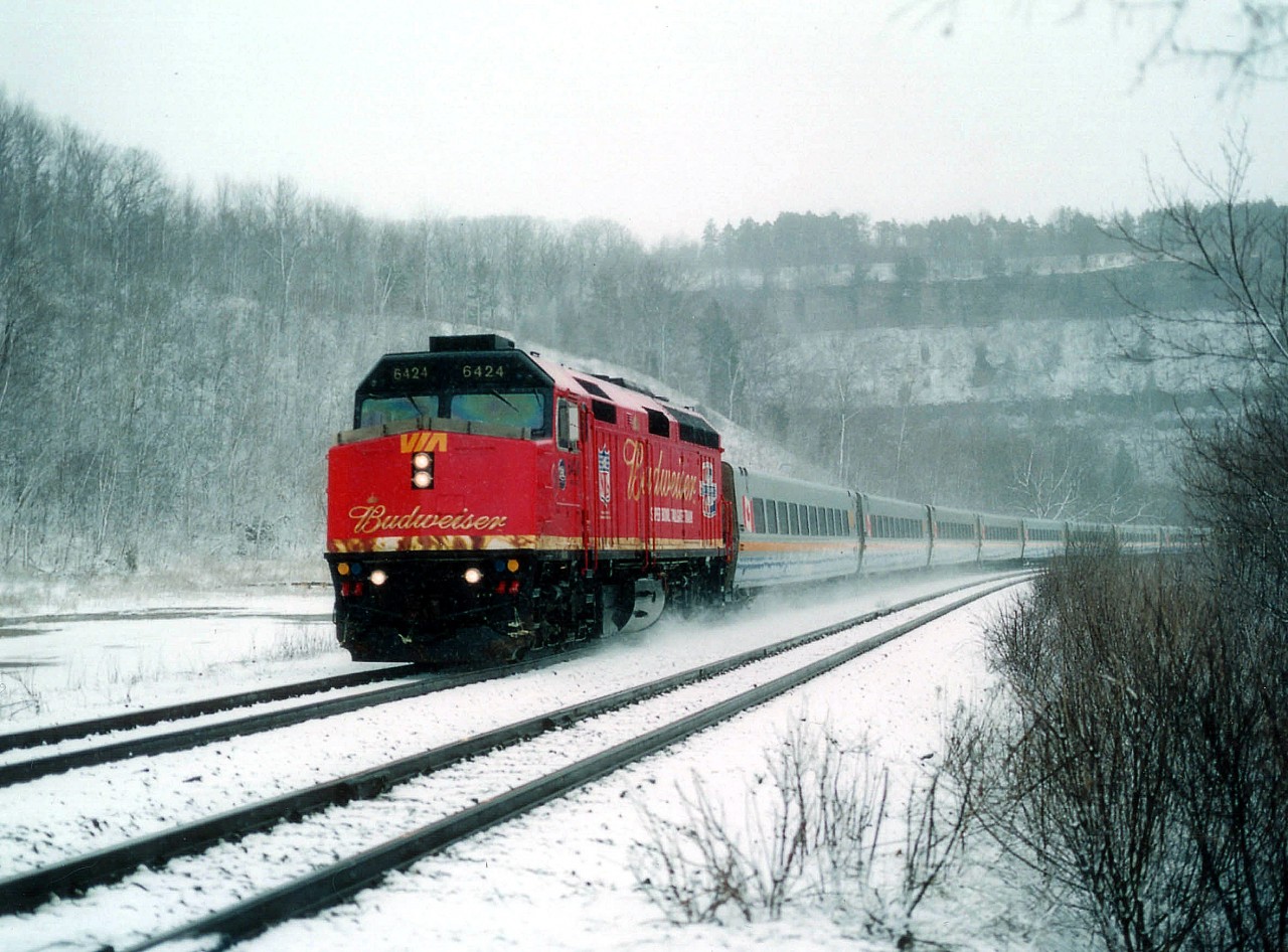 I was amazed at the speed this train flew past. I'm standing on the Bruce Trail crossing across from the former Dundas Station site babbling away with a friend, enduring the raw wind and snow as we waited for this special. All of a sudden it is around the bend, and I daresay it had to be doing 65 MPH.  It is around 0930 on Super Bowl Sunday, as the game was played later that evening in Detroit. Aboard the Express I am assuming were the winners of some sort of contest put out by Budweiser, and hopefully they weren't overly polluted by the time they made the border. (VIA 6425 was on the other end, giving the train an added boost.)  The VIA 6424 was previously in a Spiderman wrap, which I think was removed early 2005 and the BUD wrap put on later that spring. I saw this colourful unit only a few times up to Bowl Day, and this was my best shot. Never saw this Wrap again. I suppose it was removed right after the festivities ended.