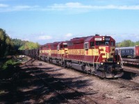 Nice matched trio of WC SD45u locomotives with loads, coming off the Michipicoten Sub., bound for the SOO, with WC 6517, 6502 and 6518 for power. This is a year or so before the Wawa Sinter Plant closed down, and then the removal of the Michipicoten Sub and everything concerning it by 2000. At this time the AC was owned by WC, and in later years the WC was taken over by CN.