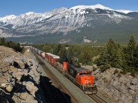 CN SD40-2Ws 5345 and 5281 struggle through English after having to stop their 70 car train on the grade at English account a stop signal.