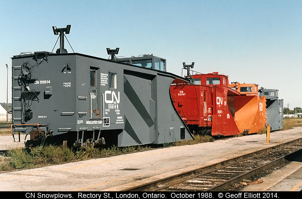 CN Snow plows sit at Rectory Street in London in October of 1988 adding a little color to the otherwise drab background.