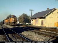 Came upon this in my collection the other day.... B&O GP40-2 #4296 leads 2 Chessie GP30 sisters on the eastbound R320 as it passes the old NYC depot in Comber, Ontario in the early Fall of 1988.