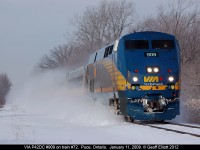 VIA 909 heads up train #72 as it kicks up snow in Puce, Ontario while speeding along the Chatham Subdivision.  Who says this winter was any colder than we've had recently!!  It was damn cold taking this picture back in 2012!!