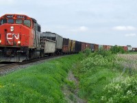 CN 514 with an unusual long train slows down for the next siding to let a very long oil train (711) pass by.