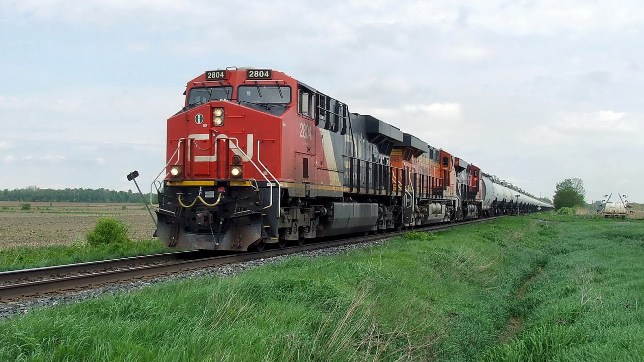 CN 711 with 2804 8005 and 2826 leads a very long string of oil tanks.