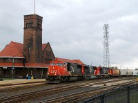 Detour train 316 rolling past the Brantford station behind CN 5606 - CN 5463 - CN 2613 and 121 cars