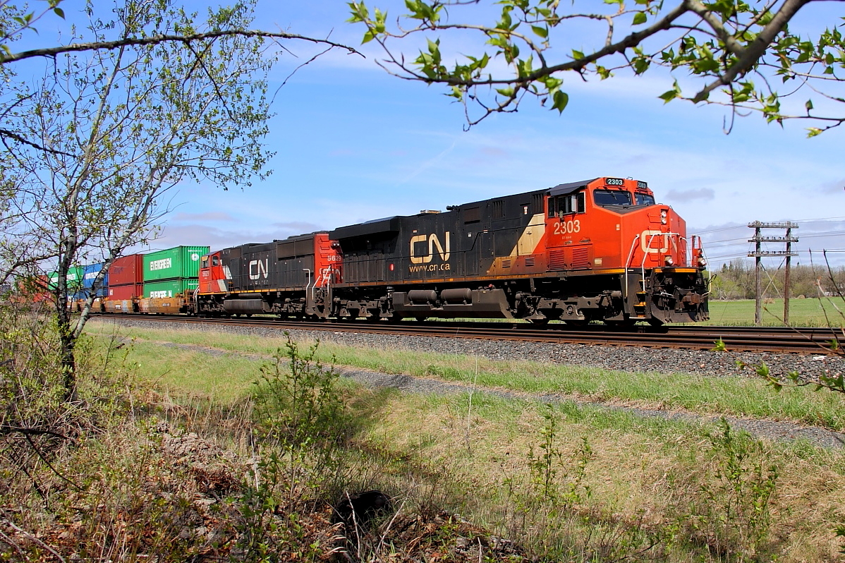 CN 2303 leads an intermodal into Winnipeg. Life has finally returned to the eastern prairies after a long cold winter and a slow start to spring.