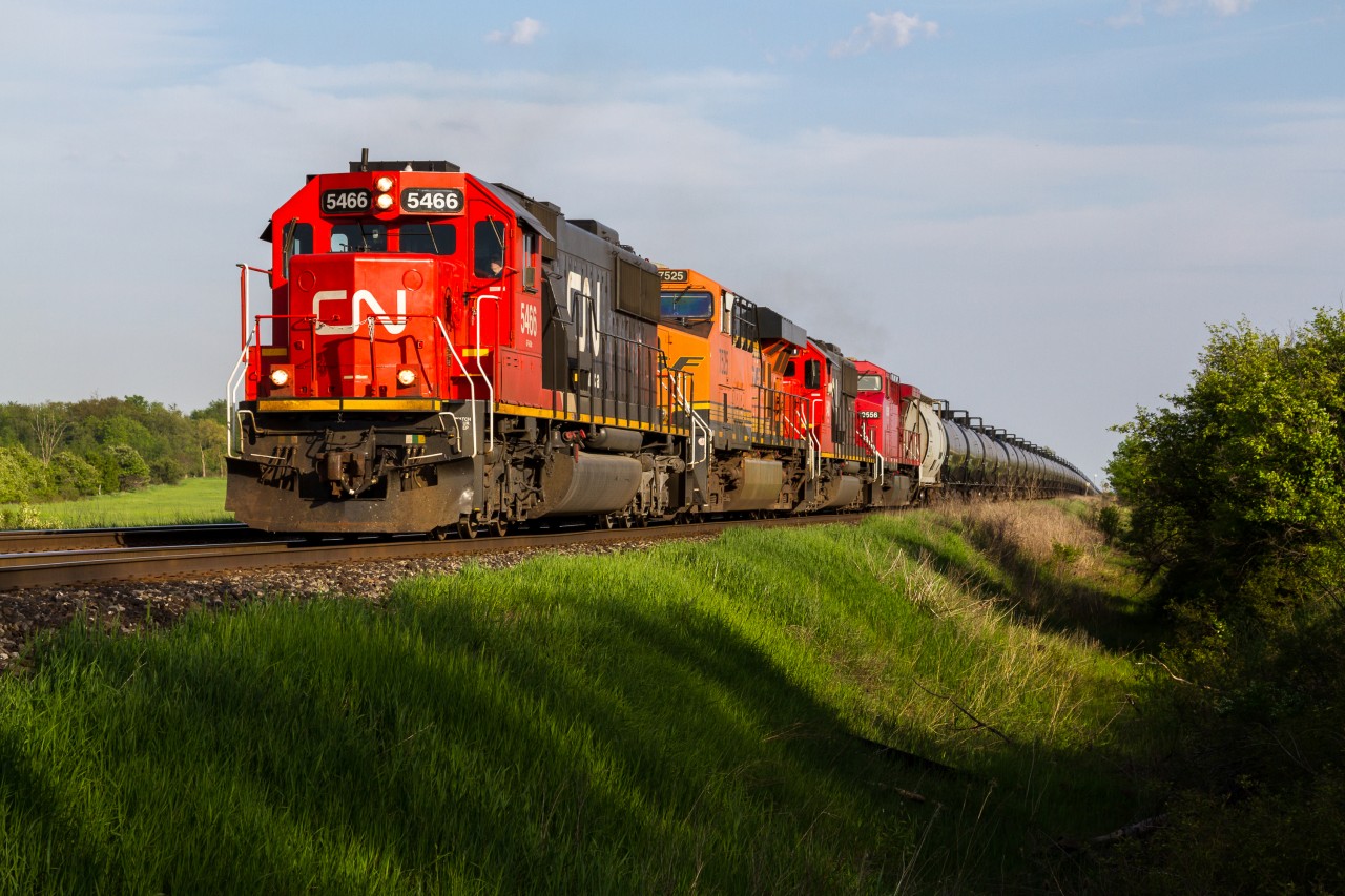 Dodging an impending cloud front, CN 5466 growls up the grade at Ash in sweet evening light with a colourful lash up including four locomotives, three of which being from different railroads.