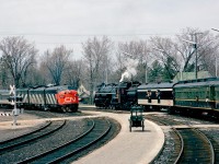 A northbound Upper Canada Railway Society special from Toronto to Gravenhurst with 4-8-4 CN 6218 meets the eastbound Super Continental at Washago. We came north on the now mostly removed line via Barrie, and returned on the CN main.