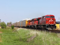 On an absolutely stunning may afternoon we spot what looks to be CP 243 headed West through Kent Bridge at speed with the freshly painted AC4400CW 9822 leading with no beaver crest, DME 6084 (ex CP SD40-2) and bringing up the rear is CP GP9u 8239 on what is likely one of it's final runs.