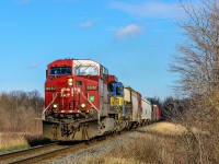 CP 8630 approaches the east switch at Darlington siding, east of Oshawa, Ontario.
