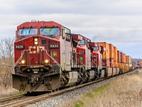 CP 9628 9713 and 8846 coming out of the siding at Darlington having met eastbound ethanol train 608. CP 9713 looks like it might have been on the Holiday Train at some time.