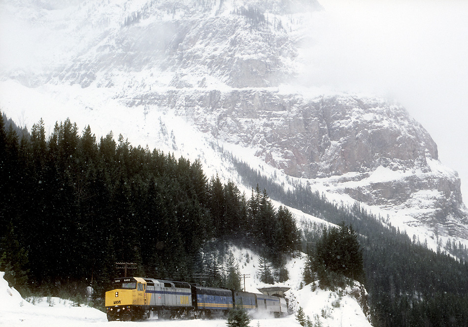 A wintry Mount Stephen looms in the background as the eastbound Canadian climbs Kicking Horse Pass on the CPR.