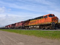 CP 608 led by BNSF 6117 passes eastbound thru Haycroft headed for Tilbury where it would meet CP 235