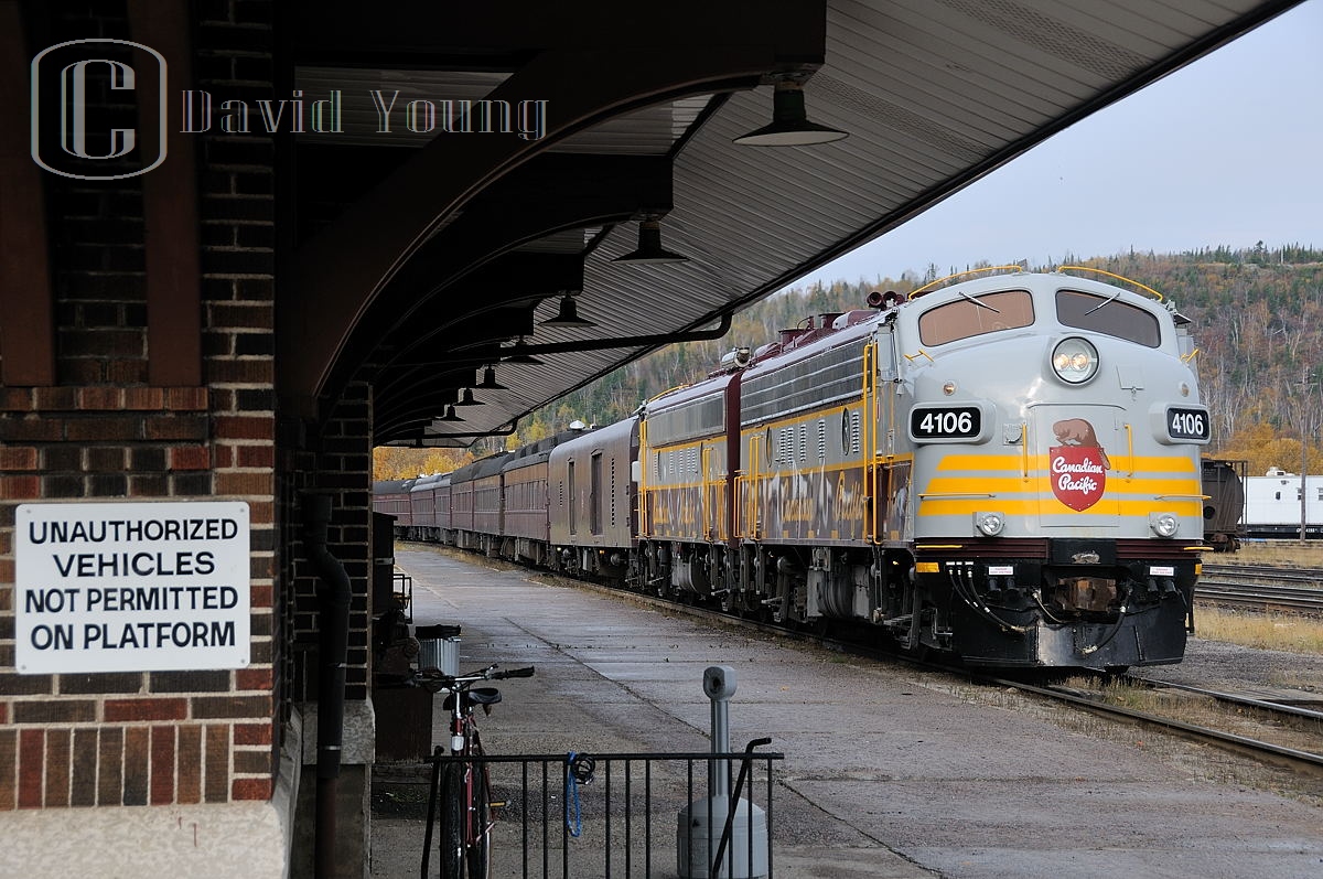 Unauthorized vehicles not permitted on platform. A sign I would assume was meant for passengers Schreiber (and other stations on CP) when The Canadian called regularly on this small railroad town in northern Ontario. This image could be mistook for something from the mid 20th century, as a lengthy Toronto bound passenger arrives at the division point of Schreiber on a quiet, fall day.  This, however is not the reason; we are in the 21st Century and this is CP's Royal Canadian Pacific on a trip from Calgary to Toronto with a group of Canadian Tire owners taking in all the sights. My friend Kyle Stefanovic and I followed the train to White River where we ended up having a brief conversation with a few of the onboard patrons. They told us that due to "insurance restrictions", they were confined to the train for the entirety the trip, but other than that they were having a good time.  The times we live in...