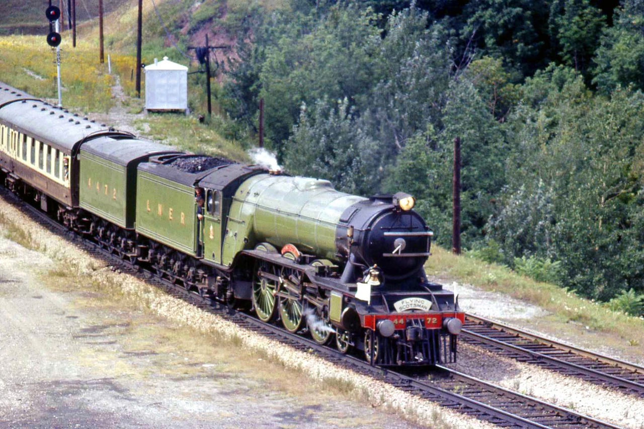 Another of LNER 4472, "The Flying Scotsman", this time rolling through the famed Bayview Junction with a crowd including the photographer there to witness its passing as part of its visit to North America.  A month or so later, she was photographed at Jordan and Niagara Falls.