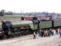 Sitting near the CN station in Niagara Falls ON, is restored LNER 4472, the famed "The Flying Scotsman", operating in Canada as part of its North American visit in the early 70's. Passengers and other bystanders get to examine the cab and controls via a set of steps placed by the locomotive's cab. <br><br> And a month or so earlier, rolling through Bayview Junction: <a href=http://www.railpictures.ca/?attachment_id=15247><b>http://www.railpictures.ca/?attachment_id=15247</b></a>