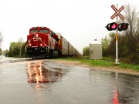 Dry only minutes before, heavy rain has since set in. CP 100 heads southbound past a rural 6th Line in south Utopia. This train hotshot had the MacTier to itself, and has made good use of it maintaining 50mph. Having just cleared Essa and Utopia, it's next interlocking is Baxter, and will continue to see greens until it hits the city limits of Toronto.

On a side note, I definitely paid the price for this shot. Out for a stroll on my racing bike, I did not have to wait long before I heard this southbound in the distance. However, rain started to come in, but I stayed. Along with being drenched, my clipless shoes became soaked and while on my return bike ride, I couldn't unclip, and flopped over bending my right handlebar in. Also, for the type of bike I have, the rain definitely won't help it. Needless to say, the crew of this train must of thought I was nuts to be out on my bike in the pouring rain taking pictures of trains.