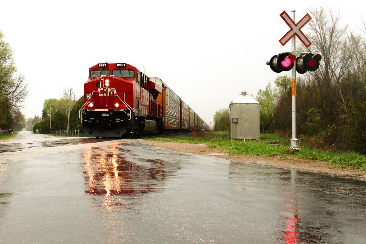 Dry only minutes before, heavy rain has since set in. CP 100 heads southbound past a rural 6th Line in south Utopia. This train hotshot had the MacTier to itself, and has made good use of it maintaining 50mph. Having just cleared Essa and Utopia, it's next interlocking is Baxter, and will continue to see greens until it hits the city limits of Toronto.

On a side note, I definitely paid the price for this shot. Out for a stroll on my racing bike, I did not have to wait long before I heard this southbound in the distance. However, rain started to come in, but I stayed. Along with being drenched, my clipless shoes became soaked and while on my return bike ride, I couldn't unclip, and flopped over bending my right handlebar in. Also, for the type of bike I have, the rain definitely won't help it. Needless to say, the crew of this train must of thought I was nuts to be out on my bike in the pouring rain taking pictures of trains.