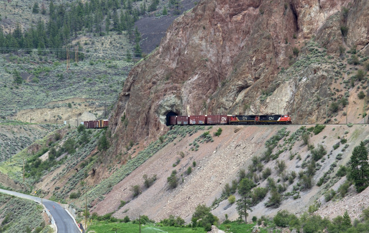 Southbound freight descending towards Lillooet, on former B. C. Rail mainline.