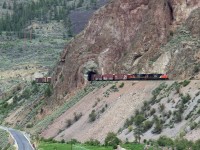 Southbound freight descending towards Lillooet, on former B. C. Rail mainline. 