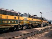 Ontario Northland diesel power is lined up at CN's Mimico Roundhouse for servicing. Shown here are a pair of GMD FP7's nose-to-nose (1503 and another 1500-series unit), with RS3 1309 further down. The Mimico roundhouse and turntable can be seen in the background, with part of a CN SW-series switcher to the side.
<br><br>
In addition to a joint CN-ONR Northland passenger train (that could often be found with an ONR F-unit operating with a CN F), ONR power sometimes ran on freights on CN. An example of that can be found here, shown passing Sunnyside on the way to Mimico: <a href=http://www.railpictures.ca/?attachment_id=14899><b>http://www.railpictures.ca/?attachment_id=14899</b></a>.
<br><br>
For a shot of some big steam power at Mimico a few years earlier: <a href=http://www.railpictures.ca/?attachment_id=14024><b>http://www.railpictures.ca/?attachment_id=14024</b></a<