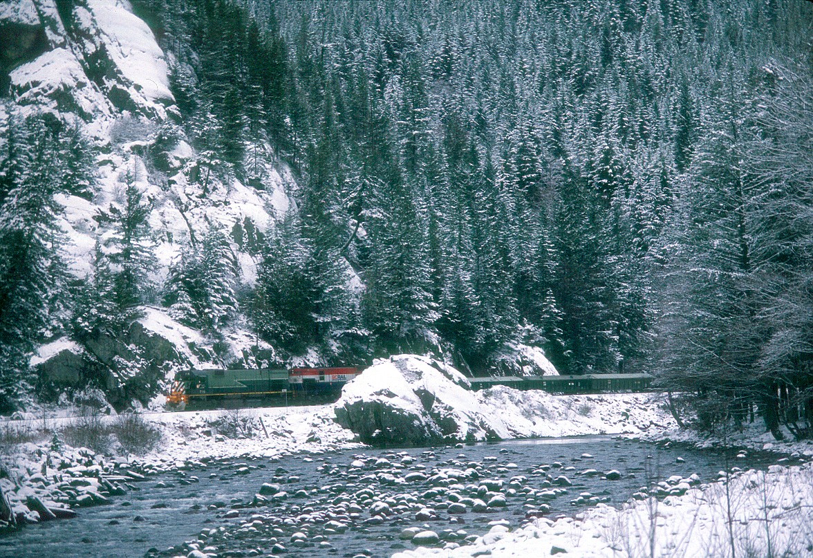Southbound train #12 rolls through the Cheekaukmus Creek Canyon near Garibaldi, British Columbia in January of 1990.