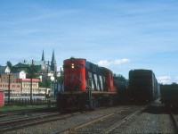RS18 3859 hadles some yard switching at Edmundston, NB in August 1988.