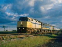 Two months later after I shot this locomotive at Sherbrooke on VIA's Atlantic, we find it eastbound at Saint Germain-de-Gratham, Quebec, just west of Drummondville, with "The Ocean" and running at track speed in August of 1987.