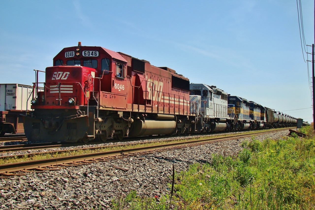 SOO 6046 with CITX 3091 and two ICE's wait for clearance at Walkerville Jct. before heading through VACIS on their way to The US.
