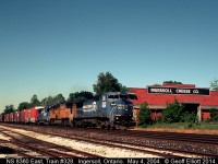 It's May 4, 2004, and it's hard to believe this is a Norfolk Southern train, but this is train #328 with NS 8360, an ex-Conrail C40-8W, Union Pacific SD70M #4301, and NS 4809, an ex-Conrail B40-8.  No mistaking the location though as the Ingersoll Cheese Company has been the backdrop to many a Railfan photo over the years.