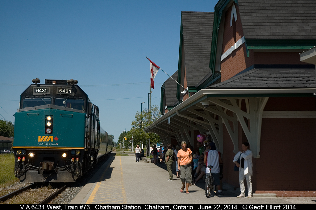VIA 6431 has Train #73 running about 6 minutes late as it arrives at the station in Chatham, Ontario today.  Lots of people waiting to greet family as they arrive from out of town.
