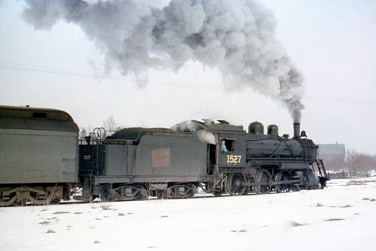 CNR "Ten-Wheeler" 1527 pulls a small train up the grade out of Meaford ON, on its 52 mile return trip over the Canadian National's Meaford Sub to Allandale in March 1958. 

More at Meaford: CN 1322: http://www.railpictures.ca/?attachment_id=14023

Note: geotagged location not exact.