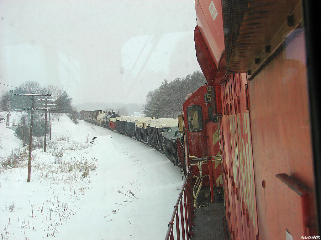 Glancing back from the cab of CP 5932 South, while 434's freight is stopped at South Parry waiting for Northbound's from VIA, CP, and CN. Once the parade is over, 434 will be crossing back onto home rails for the remaining 20 miles down the CP Parry Sound sub into MacTier. Photo taken with permission wearing all required PPE.