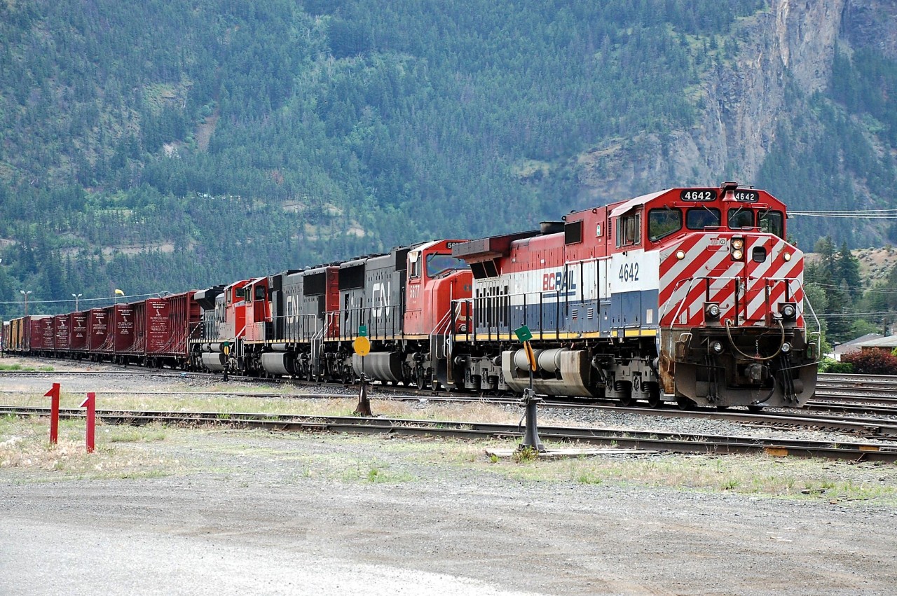 BCOL 4642 is the lead unit of four as this northbound mixed freight pulls into the yard @Lillooet. CN nos.5677,5614 & 8877 are the other locos.
