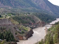 This mixed freight is crossing the Fraser River @Lillooet and heading northwards to Williams Lake. Power is being provided by BCOL 4642 & CN 5677.