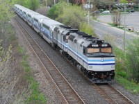 A pair of ex-Amtrak F40PH's shove train 121 away from the Beaconsfield bridge.  These have since left AMT with TANX reporting marks, displaced by more ex-GOT F59PH's.