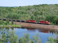 CP ore train U55 completes its turn to Vale's mine at Lavack, ON as it returns to Sudbury with another 40 loads for the smelter at Copper Cliff.