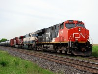 CN 720 approaches Bethel Church Road east of Brantford, ON with CN 2296, BNSF 9798, and CP 8739.