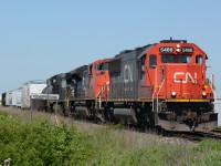 CN5466 with CN8825 and NS9297 shift back into the Sarnia yard at Blackwell Road.