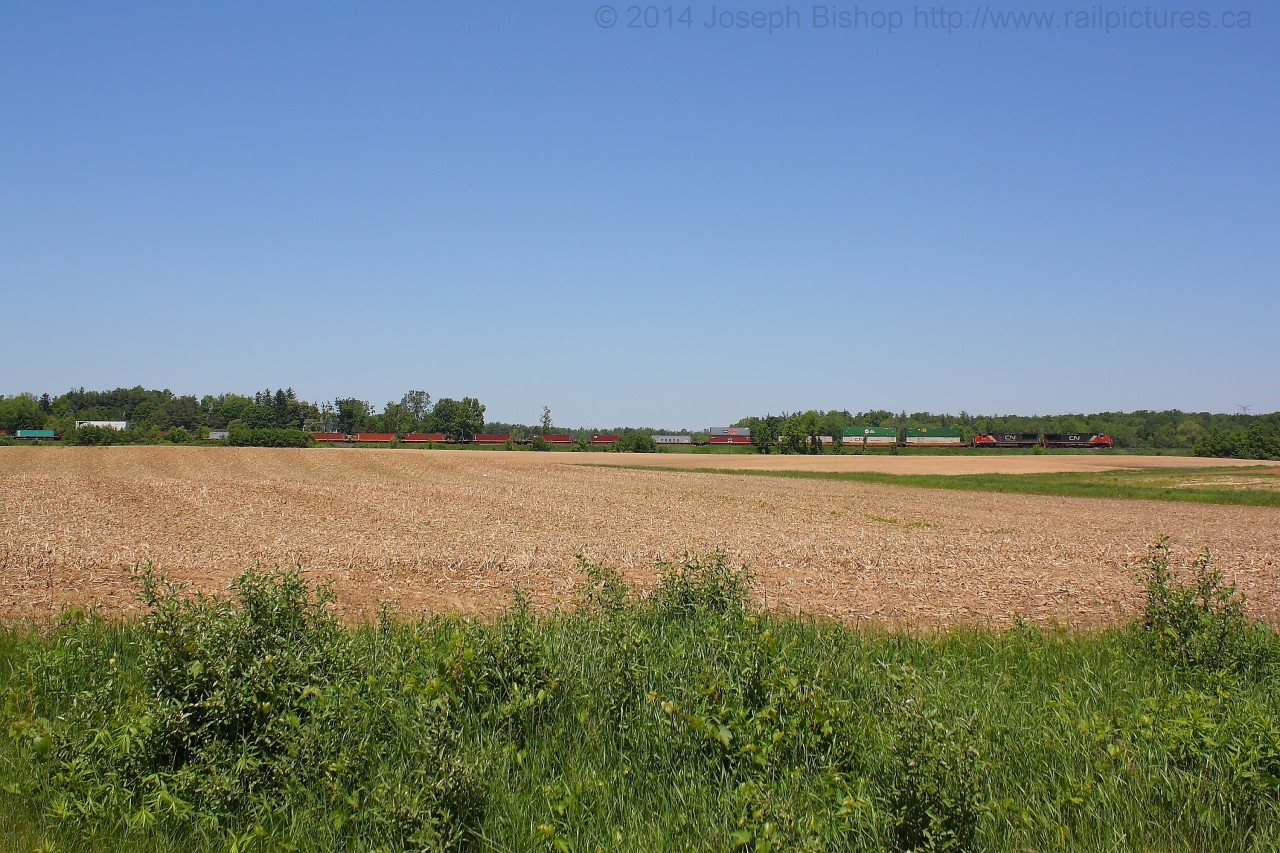CN 148 has just split the signals at Copetown West and is seen passing through the farmland between the small towns of Lynden and Copetown