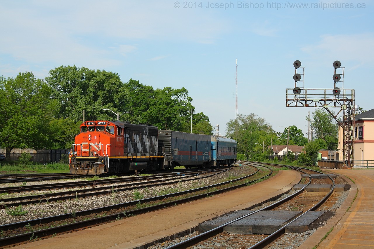 After an afternoon of testing the track on the Hagersville Subdivision, CN O495 eases back into Brantford to tie down for the night.  CN brought the train up from Toronto and handed over the train to a SOR crew to run down to Nanticoke and back.  They shoved all the way down to Nanticoke to allow CN 4777 to lead back to Brantford.