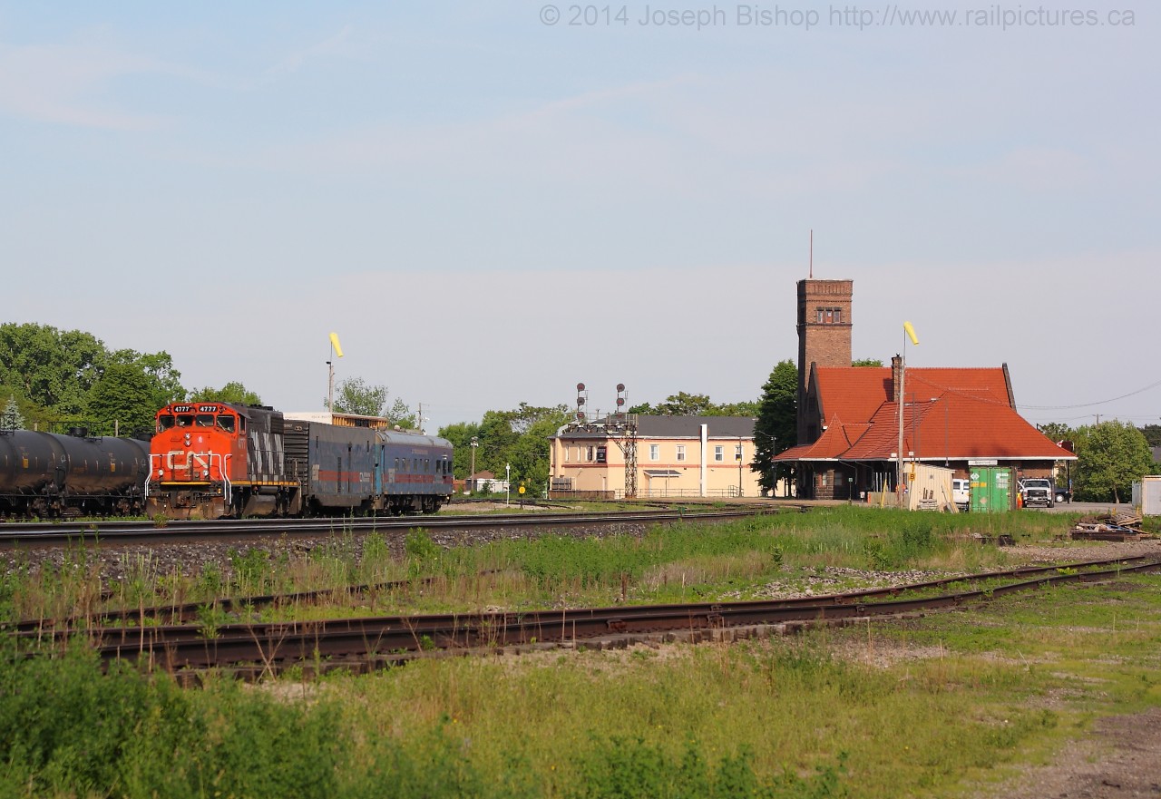 CN O495 is seen tied down on BA50 in Brantford yard after spending the afternoon testing the Hagersville Subdivision.  This morning the consist carried on West heading to Michigan for its next assignment.