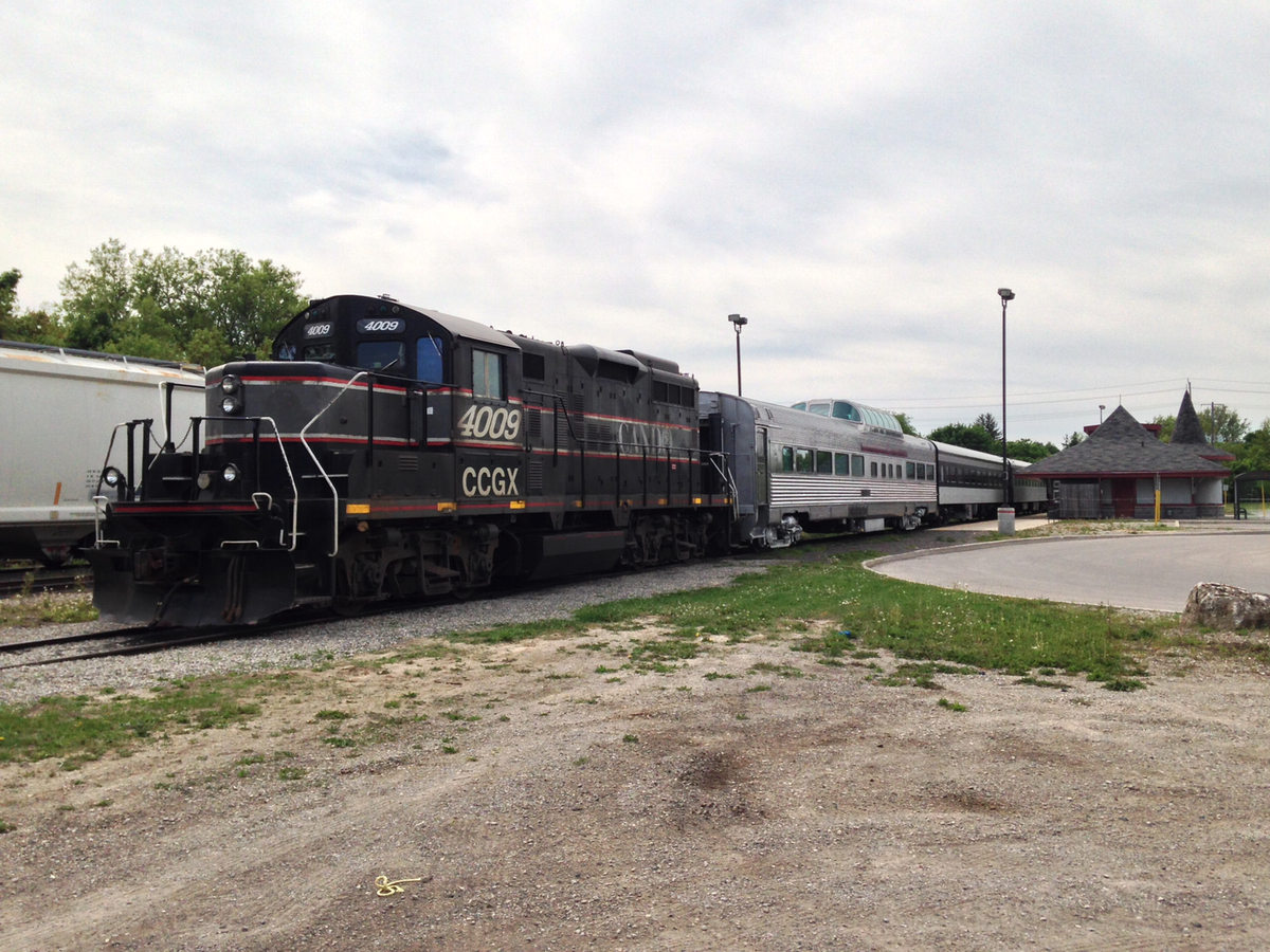 The Orangeville Brampton Railway's Credit Valley Explorer excursion train rests in Orangeville on the first day of June. The recently acquired dome car, will be used on the Explorer's fall trips, through the scenic Credit Valley.