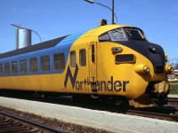 A closeup shot of the rear car of Swiss-built TEE trainset ONT 1987 (more specifically end cab coach car 1987-4) seen here operating on Ontario Northland's Northlander at Washago ON. Built for bidirectional operation, the cabs in these were infrequently used, if ever (the FP7's that replaced the original power cars always lead). Also note the rear coupler covered and out of use, likely the original non-compatible rear coupler the trainsets came with and retained.<br><br>For an overview of the entire train at the station: <a href=http://www.railpictures.ca/?attachment_id=14873><b>http://www.railpictures.ca/?attachment_id=14873</b></a>