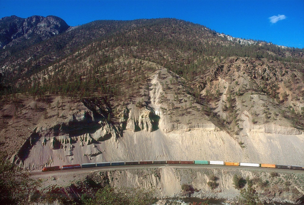 Westbound BCR run through train on the CN at Lytton, BC, June, 1991.