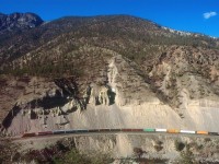 Westbound BCR run through train on the CN at Lytton, BC, June, 1991.