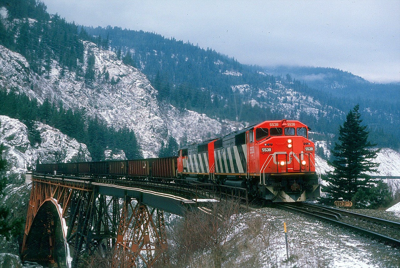 Westbound coal train over the famed Cisco bridge, January, 1990.