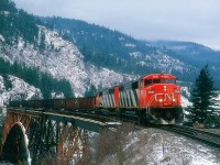 Westbound coal train over the famed Cisco bridge, January, 1990.