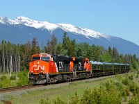 CN's Jasper-North Vancouver business train P601 speeds through the Robson Valley at 62mph, just west of Peterson on CN's Robson Subdivision.