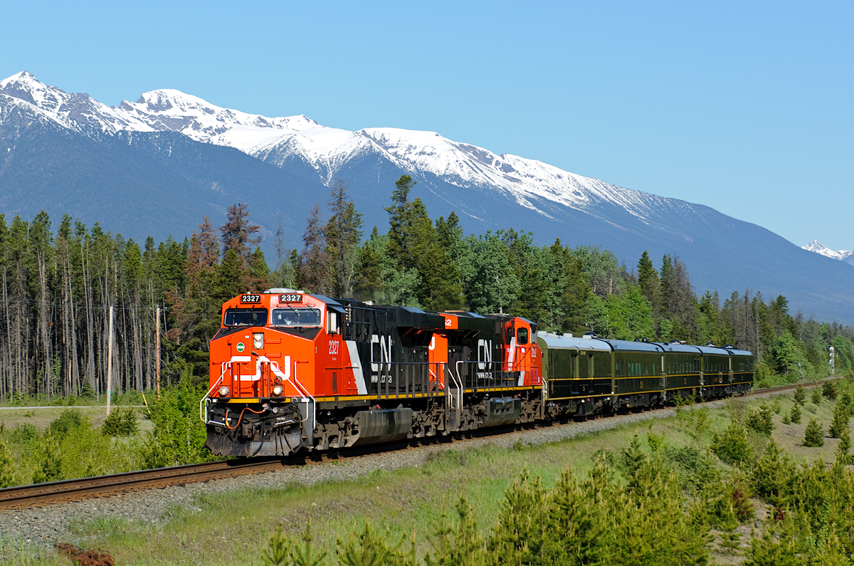 CN's Jasper-North Vancouver business train P601 speeds through the Robson Valley at 62mph, just west of Peterson on CN's Robson Subdivision.